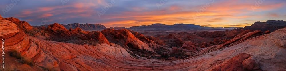 Naklejka premium Wide-angle shot of the vibrant orange and red sandstone ridges of The Wave illuminated by soft twilight hues, in 4K resolution