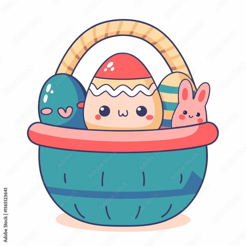 Easter celebration with cute cartoon eggs in wicker basket festive environment playful viewpoint