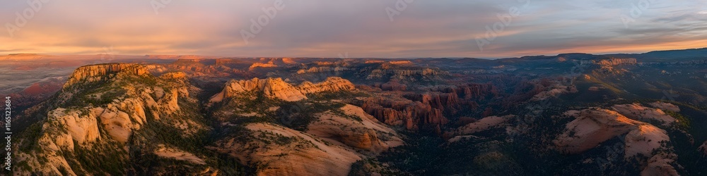 Aerial panorama of the vibrant orange and red sandstone ridges of The Wave illuminated by golden hour light, with rugged cliffs in the distance, in 4K resolution Aerial panorama of the vibrant orange and red sandstone ridges of The Wave illuminated by golden hour light, with rugged cliffs in the distance, in 4K resolution
