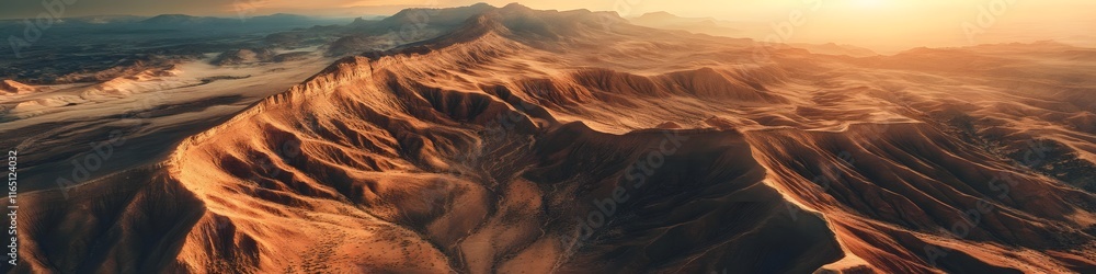 Naklejka premium Aerial panorama of The Wave surrounded by rugged desert cliffs glowing under golden sunlight, with vibrant sandstone ridges adding depth, in 4K resolution