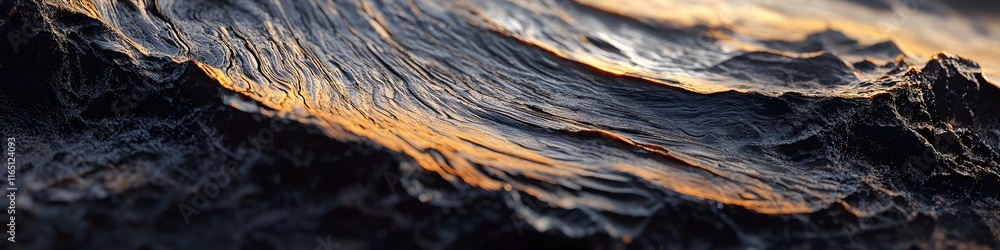 Fototapeta premium Wide shot of The Wave s intricate textures illuminated by golden hour light, with distant mesas and desert vegetation adding depth, in 4K resolution