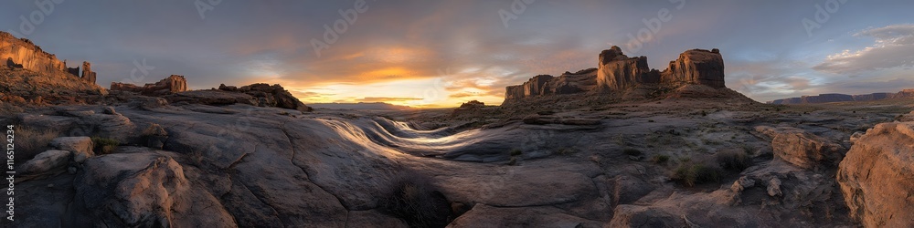 Naklejka premium Wide-angle shot of The Wave glowing under vibrant morning light, with swirling sandstone formations and rugged cliffs adding depth, in 4K resolution