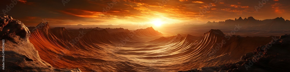 © cynz - Panoramic view of The Wave s swirling patterns glowing under fiery sunset hues, with rugged desert cliffs framing the surreal formations, in 4K resolution © cynz - Panoramic view of The Wave s swirling patterns glowing under fiery sunset hues, with rugged desert cliffs framing the surreal formations, in 4K resolution