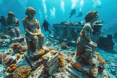 Diving professional sunken city civilization, scuba diver archaeologist among the ruins of columns and statues with colorful corals and fish. photo