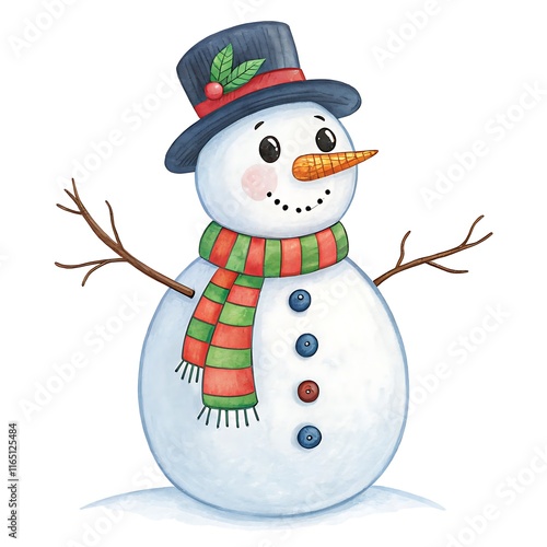 cute snowman with hat and scarf illustration-watercolor illustration of a cheerful snowman wearing a striped scarf and black hat, featuring a carrot nose and twig arms, perfect for winter themes.
 photo