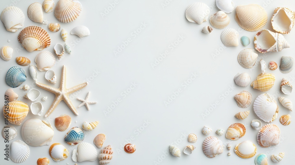 Colorful Shells and Starfish on Light Background Colorful Shells and Starfish on Light Background