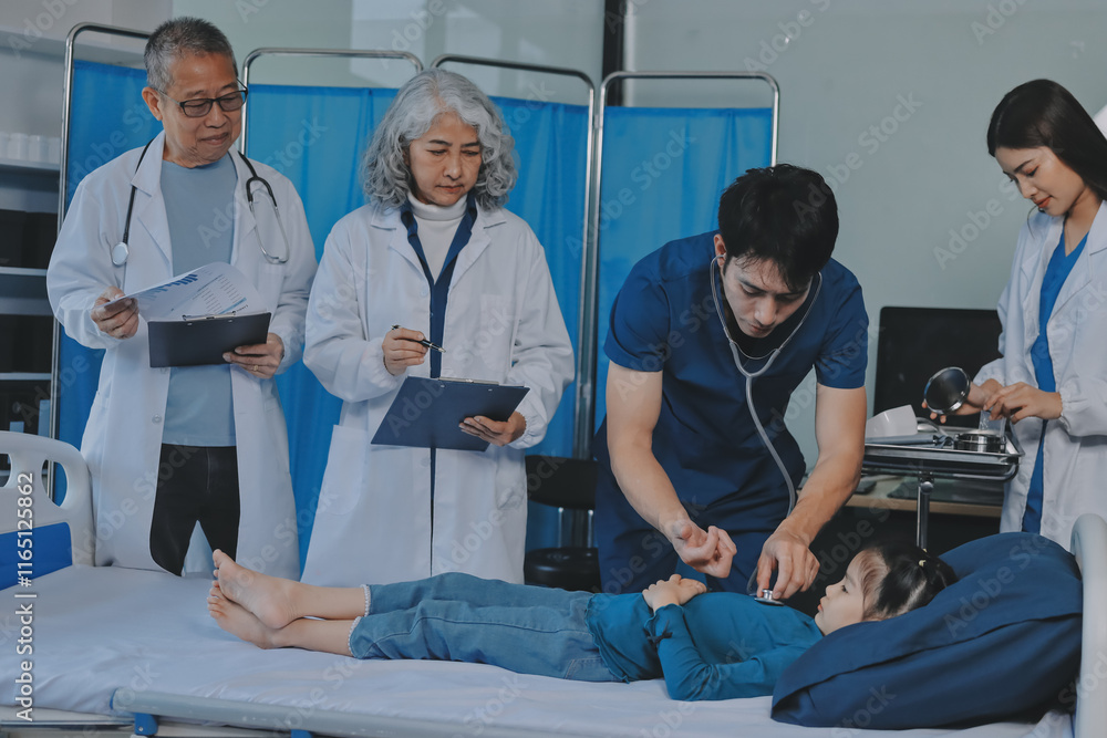 A team of doctors and nurses are working to treat a female patient in the patient's room. A team of doctors and nurses are working to treat a female patient in the patient's room.