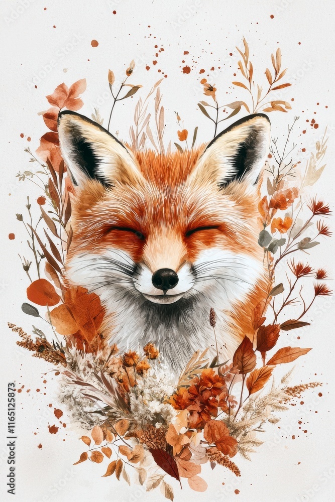 Fototapeta premium Whimsical Fox Portrait Surrounded by Autumn Floral Elements and Warm Colors