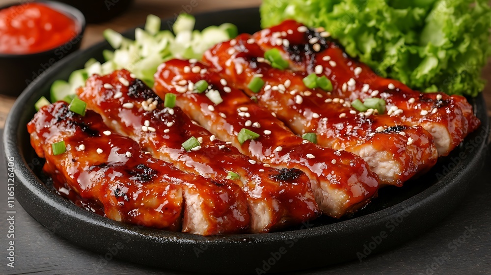 Close-up of grilled, glazed meat slices on a dark plate with sesame seeds, green onions, and shredded lettuce. Close-up of grilled, glazed meat slices on a dark plate with sesame seeds, green onions, and shredded lettuce.