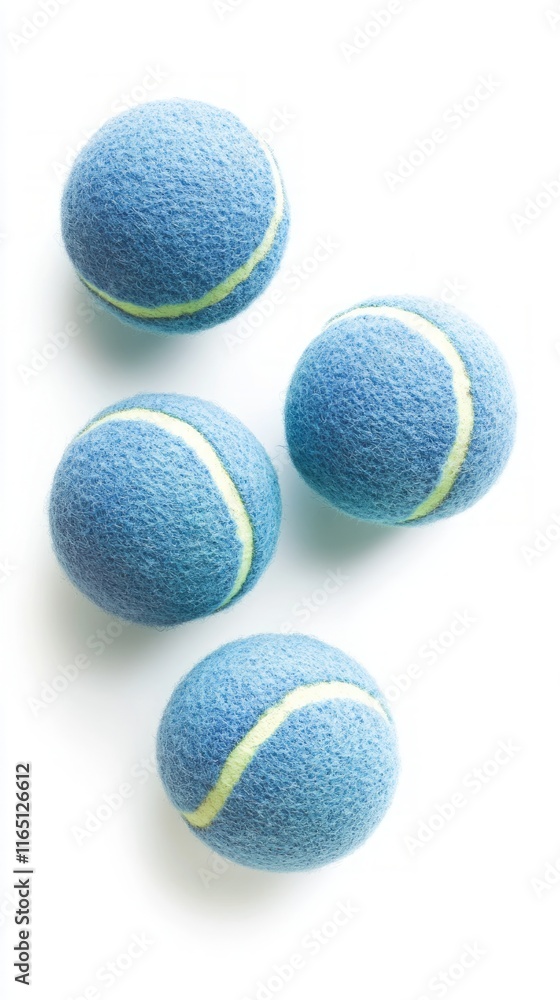 Fototapeta premium Four Playful Blue Tennis Balls on a White Background. Perfect for Sports Enthusiasts and Outdoor Activities. Ideal for Tennis, Playgrounds, and Games. A Great Addition to Any Sports Collection.