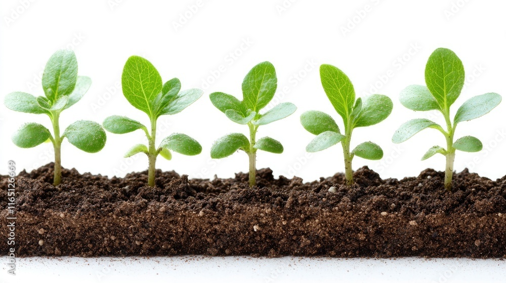 Fototapeta premium Five young green plants growing in dark soil against a white background.
