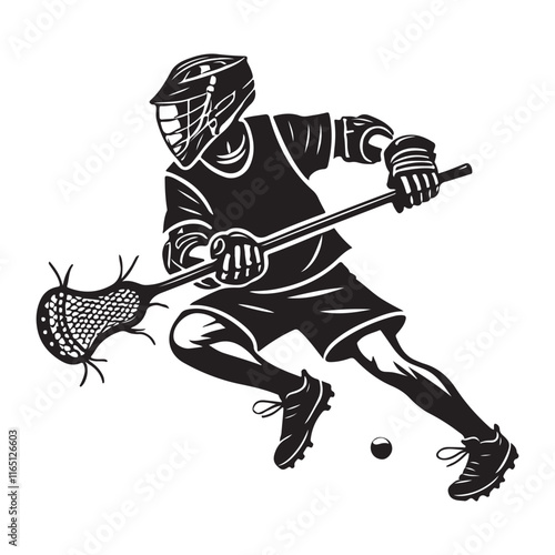 Lacrosse Silhouette Vector Illustration, Solid White Background.