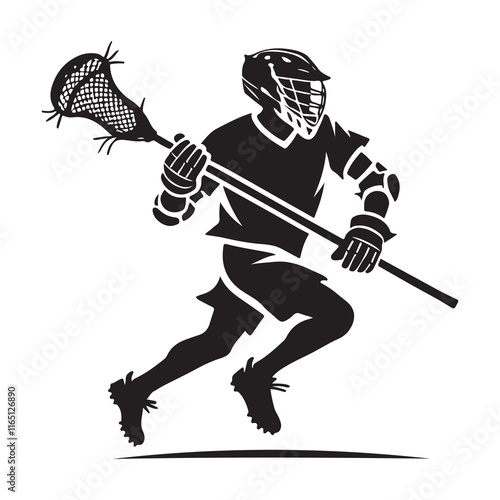 Lacrosse Silhouette Vector Illustration, Solid White Background.