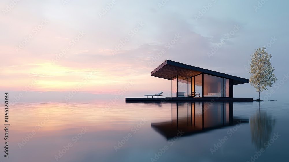 Modern Lake House at Sunset with Stunning Reflection Modern Lake House at Sunset with Stunning Reflection