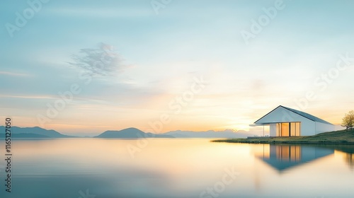 Tranquil Lakeside Retreat at Sunset Reflection