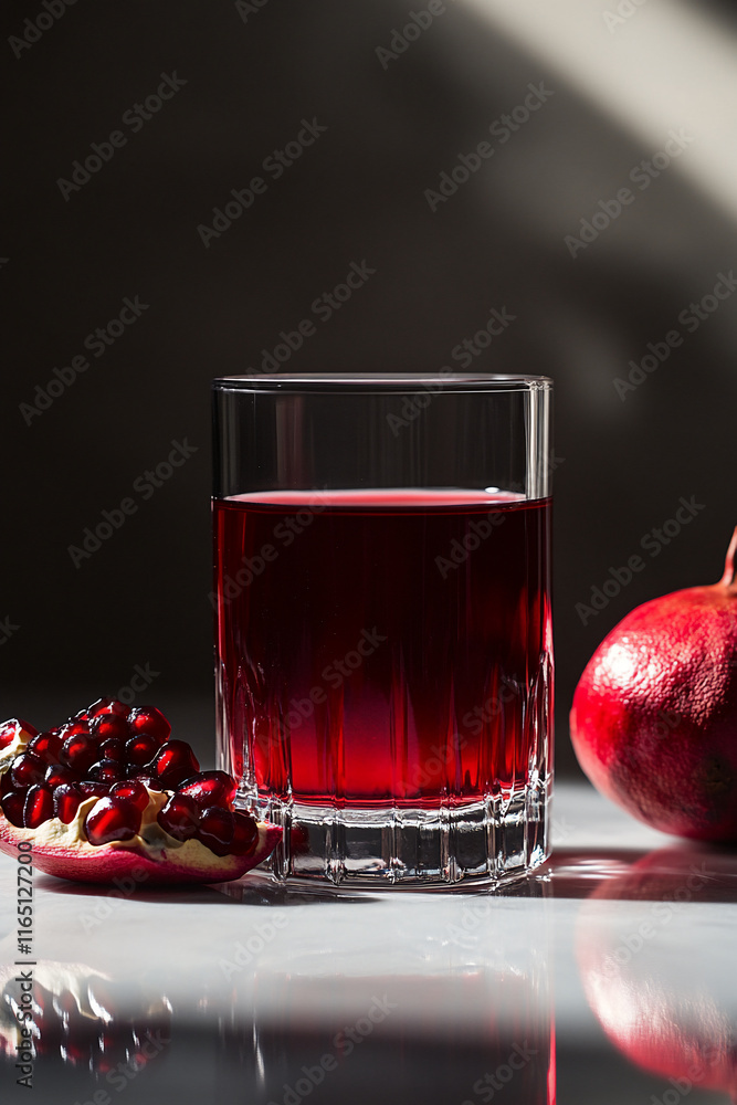 Red Pomegranate Juice in Glass Against White Wall Background Red Pomegranate Juice in Glass Against White Wall Background