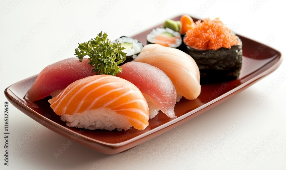 Fresh and Colorful Sushi Platter with Varied Ingredients and Garnishes Fresh and Colorful Sushi Platter with Varied Ingredients and Garnishes