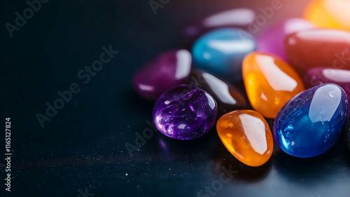 Colorful polished gemstones in vivid hues of purple, orange, and blue on a dark textured surface, perfect for jewelry or luxury design themes