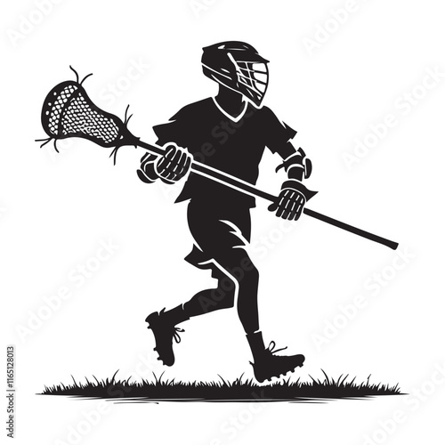 Lacrosse Silhouette Vector Illustration, Solid White Background.