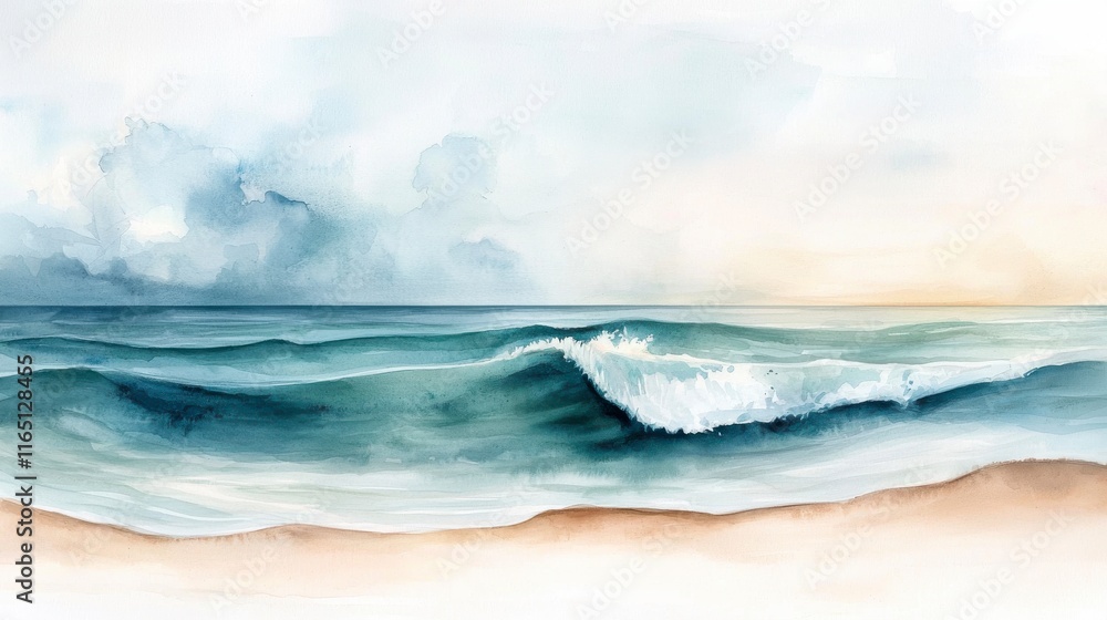 Serene Coastal Scene with Gentle Waves and Soft Colors in Watercolor Style Serene Coastal Scene with Gentle Waves and Soft Colors in Watercolor Style