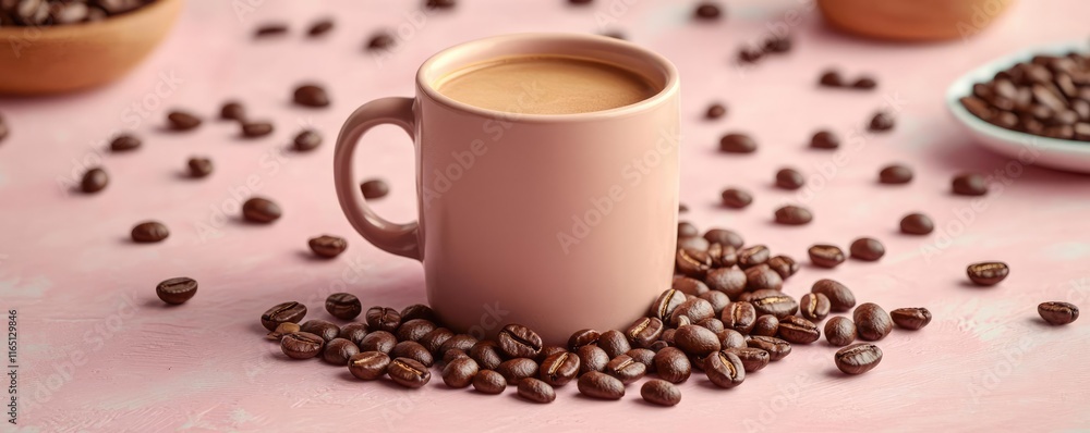Obraz premium Pastel coffee concept. A cozy coffee cup surrounded by fresh coffee beans on a soft pink background.