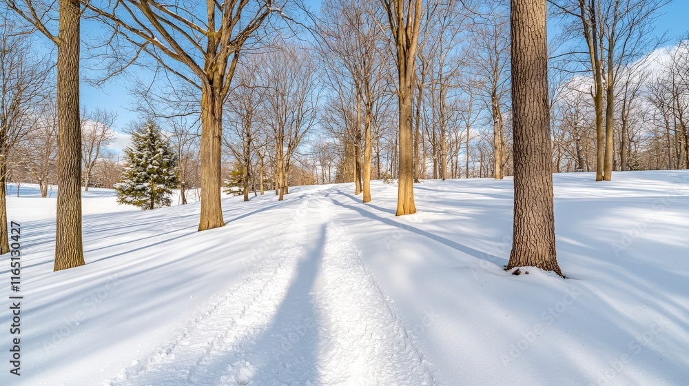 Fototapeta premium Serene Winter Landscape with Snow-Covered Path and Leafless Trees Under Clear Sky