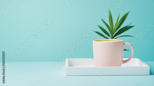 Pastel coffee idea. A pastel pink mug with a plant on a white tray against a serene blue background. photo