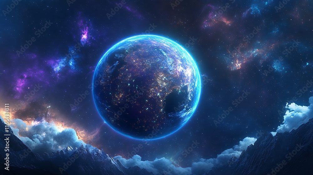 Obraz premium A futuristic Earth seen from space, with bright data streams orbiting in intricate patterns, holographic visuals overlaying the continents,