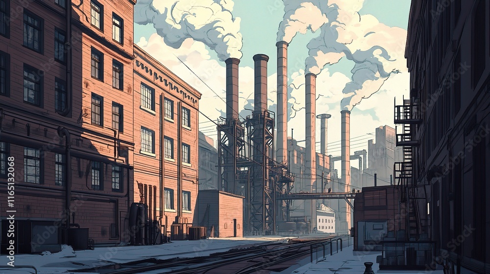 Fototapeta premium Industrial Exterior View of Factories with Smoke in Background