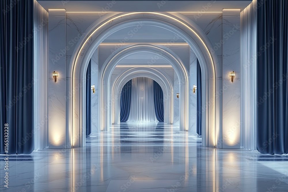 Elegant Marble Hallway with Archways and Blue Curtains Elegant Marble Hallway with Archways and Blue Curtains