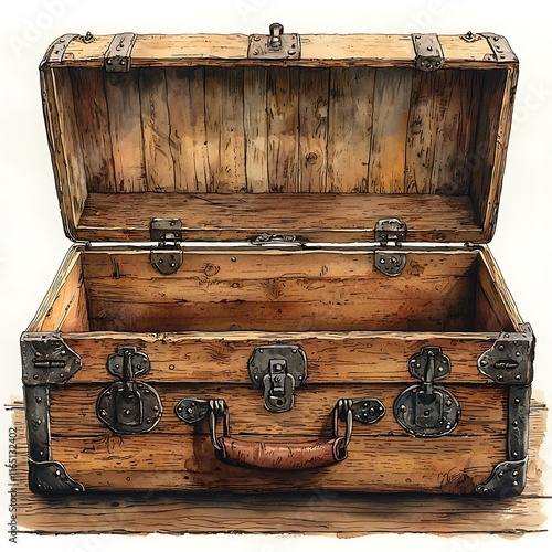 An illustration of an antique wooden chest with metal accents, open and empty, ready for treasures.