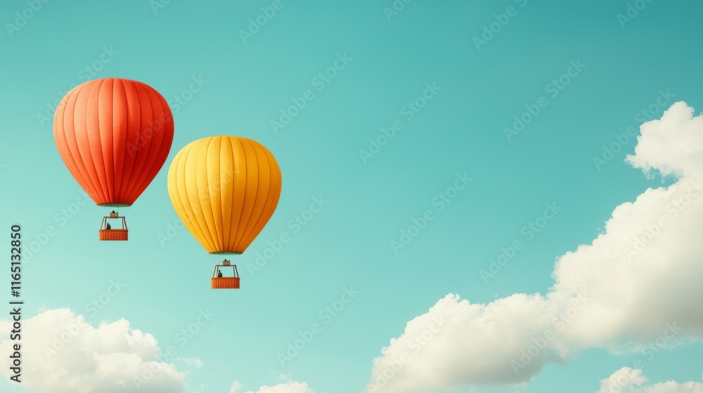 Naklejka premium Colorful Hot Air Balloons Floating in a Blue Sky with Clouds