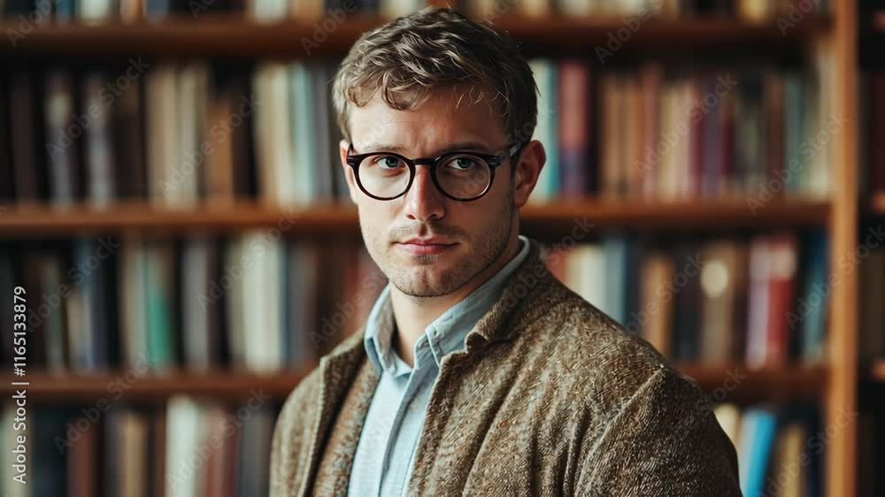 smiling man at home with many books on shelves smiling man at home with many books on shelves