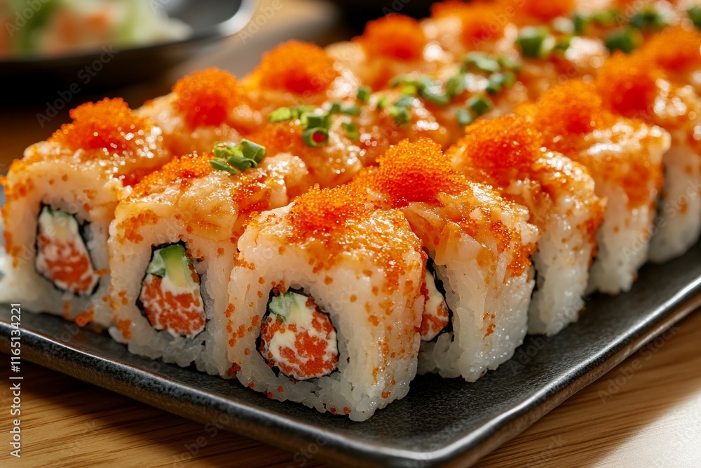 Delicious sushi rolls with salmon, cream cheese, and tobiko. Delicious sushi rolls with salmon, cream cheese, and tobiko.