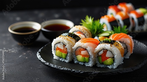 sushi rolls with rice and fish soy sauce on a background