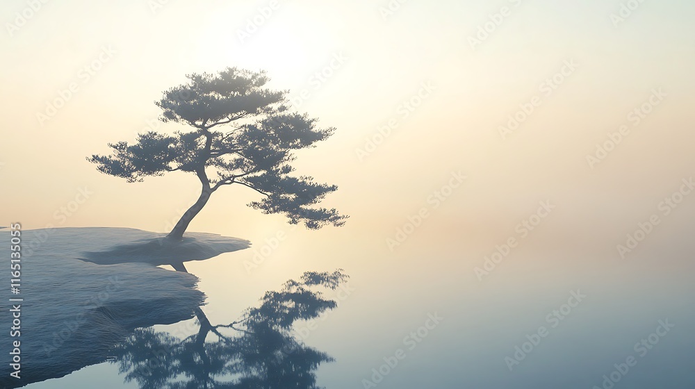 Obraz premium A calm morning scene with soft sunlight highlighting the shadow of a pine tree stretching across the dewy ground 