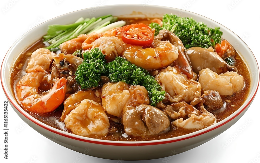 Delicious seafood stir-fry with shrimp, broccoli, and vegetables in a savory sauce. Delicious seafood stir-fry with shrimp, broccoli, and vegetables in a savory sauce.