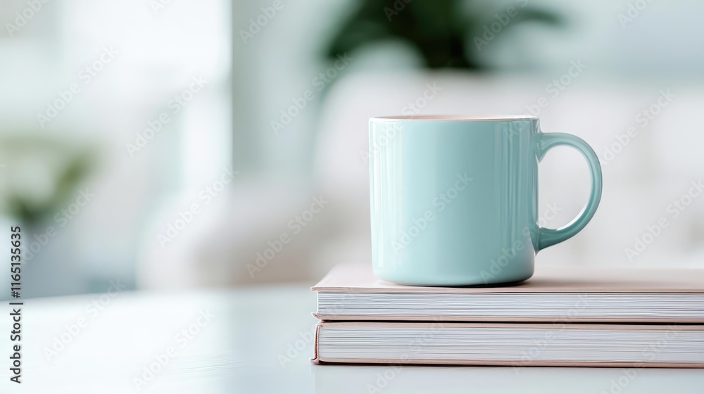 Pastel coffee idea. A serene morning scene with a mint green mug resting on stacked books. Pastel coffee idea. A serene morning scene with a mint green mug resting on stacked books.