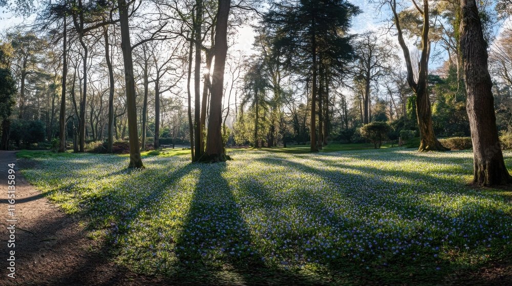 Naklejka premium Morning Sunlight Casting Shadows in a Serene Forest