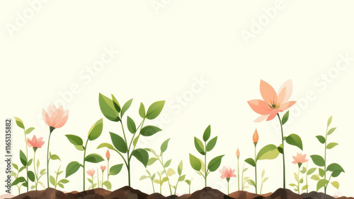 Illustration of budding plants and blossoming flowers, capturing the natural cycle of growth and renewal.