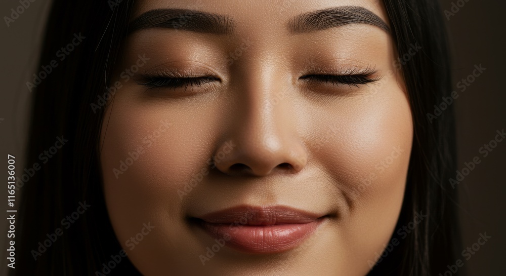 Serene portrait of a smiling woman with closed eyes and peaceful expression Serene portrait of a smiling woman with closed eyes and peaceful expression