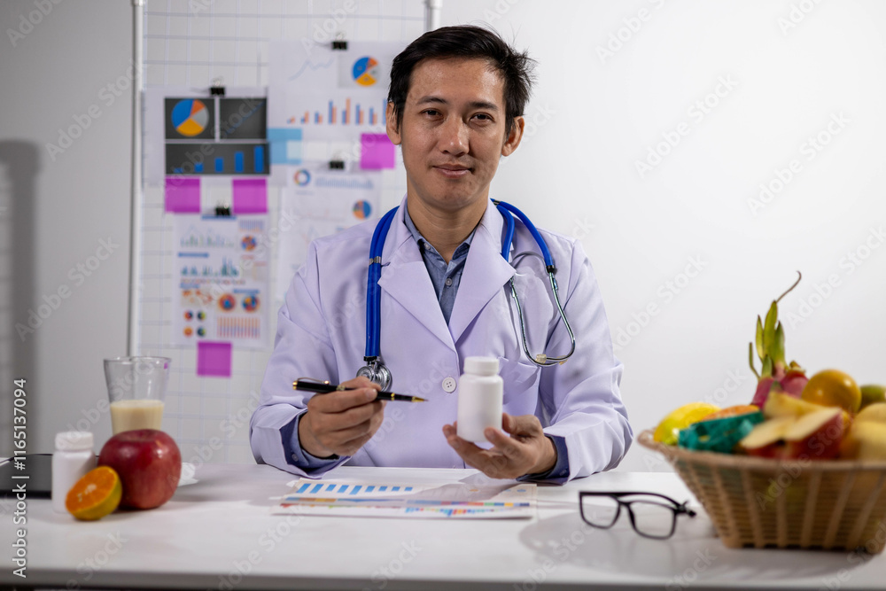 Young Asian Nutritionist, Health Doctor, Fruit, Weight Loss Young Asian Nutritionist, Health Doctor, Fruit, Weight Loss