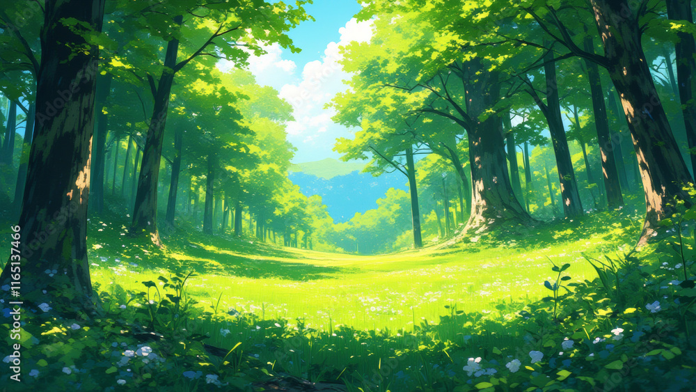 Fototapeta premium Illustration of nature’s renewal featuring fresh greenery, budding plants, and a serene atmosphere of a fresh start.
