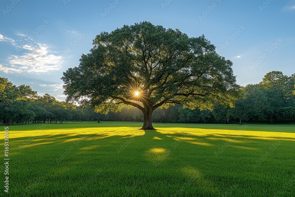 Fototapeta premium Large tree in an open field, bathed in sunlight, surrounded by lush grass, symbolizing relaxation, nature, and outdoor activities in a serene park setting.