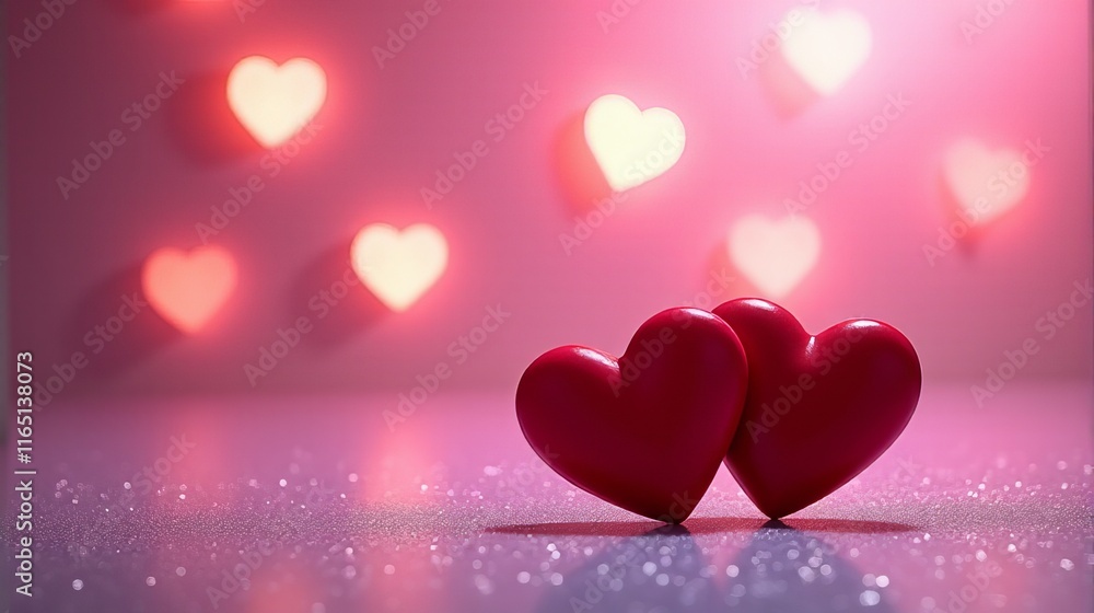 Two Red Heart Shaped Placed on a Sparkling, Glittery Surface With a Gradient of Pink and Purple Background Showcasing a Heart Shape Bokeh Effect. Two Red Heart Shaped Placed on a Sparkling, Glittery Surface With a Gradient of Pink and Purple Background Showcasing a Heart Shape Bokeh Effect.