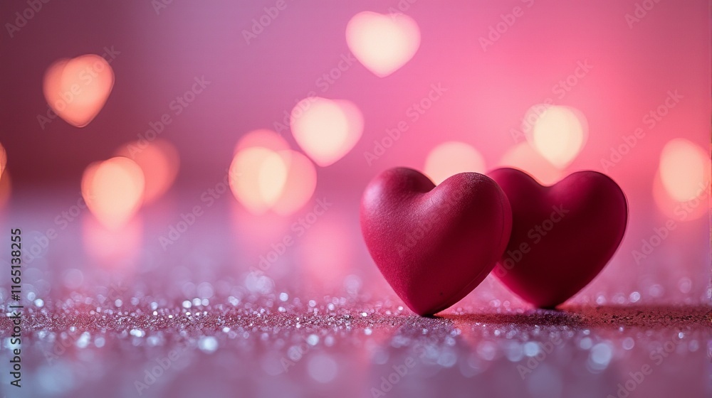 Two Red Heart Shaped Placed on a Sparkling, Glittery Surface With a Gradient of Pink and Purple Background Showcasing a Heart Shape Bokeh Effect. Two Red Heart Shaped Placed on a Sparkling, Glittery Surface With a Gradient of Pink and Purple Background Showcasing a Heart Shape Bokeh Effect.