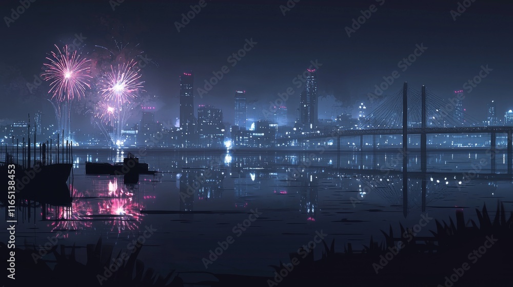 Fototapeta premium Night City Skyline Fireworks Reflection Urban Nightscape