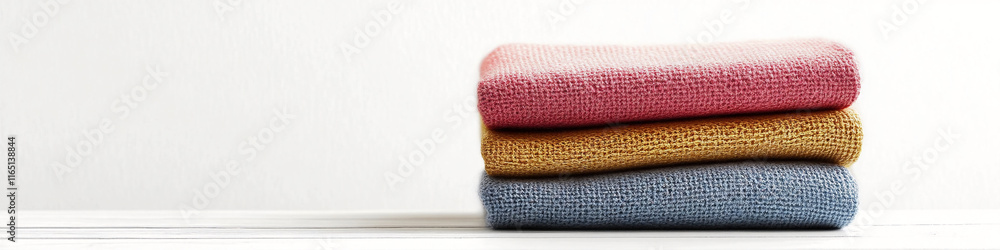 Folded Winter Sweaters Sale Banner with Copy Space on White Background Folded Winter Sweaters Sale Banner with Copy Space on White Background