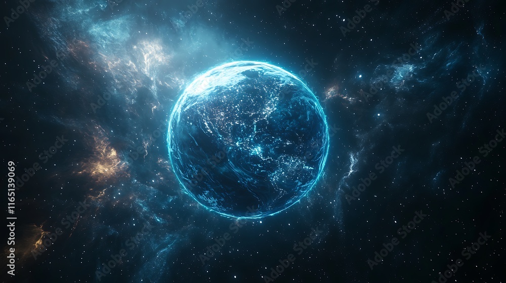 A glowing Earth from space, surrounded by spiraling data streams and holographic information, vibrant neon highlights and star-filled void, intricate details, and a sleek cyber-inspired aesthetic, A glowing Earth from space, surrounded by spiraling data streams and holographic information, vibrant neon highlights and star-filled void, intricate details, and a sleek cyber-inspired aesthetic,