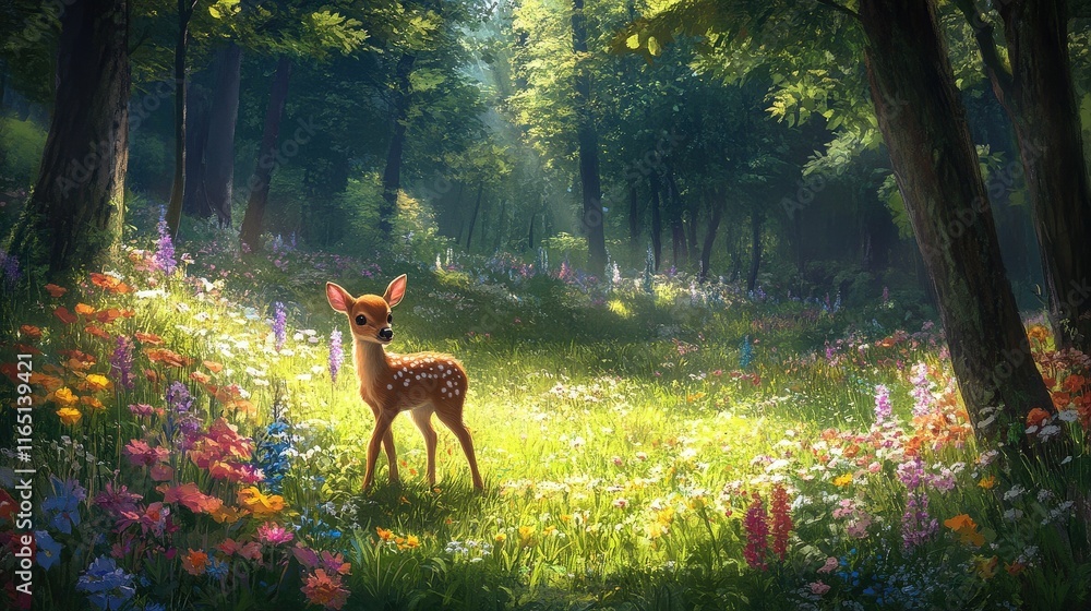 A Fawn in a Sunlit Forest Meadow A Fawn in a Sunlit Forest Meadow